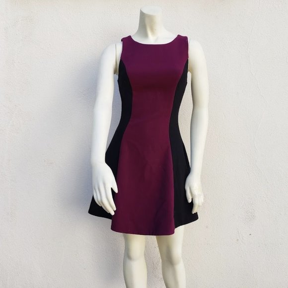 LIKELY Burgundy Wine and Black Colorblock Mini Fit and Flare Dress - Picture 1 of 8
